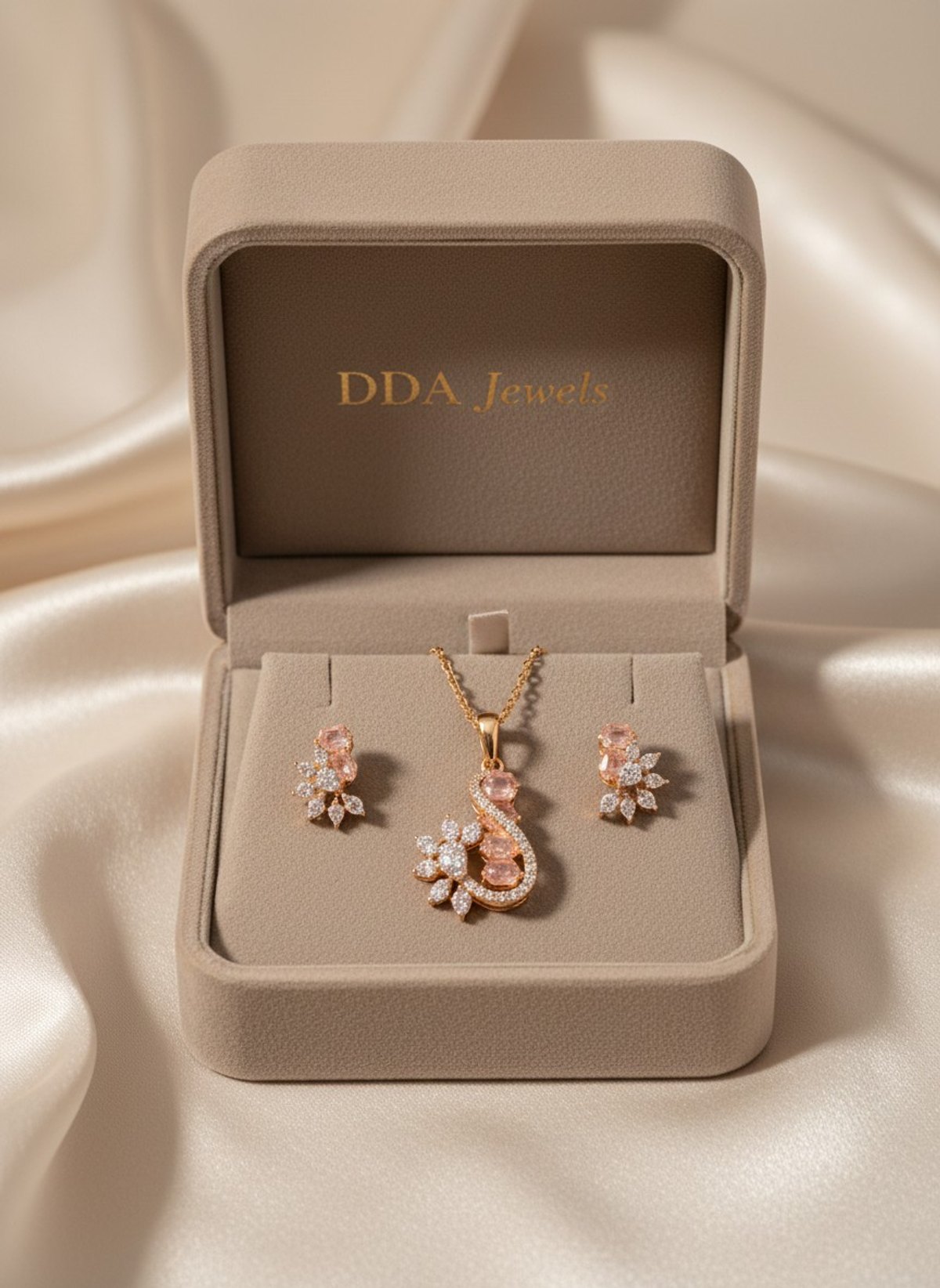 Rose floral crescent diamond pendant set in showroom box