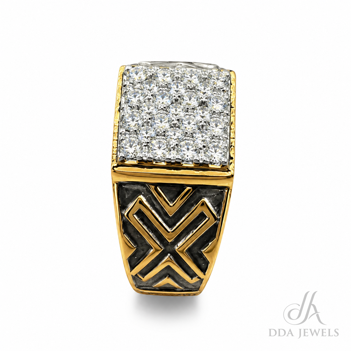 Men’s gold diamond ring with chevron lines, black enamel and pavé highlights