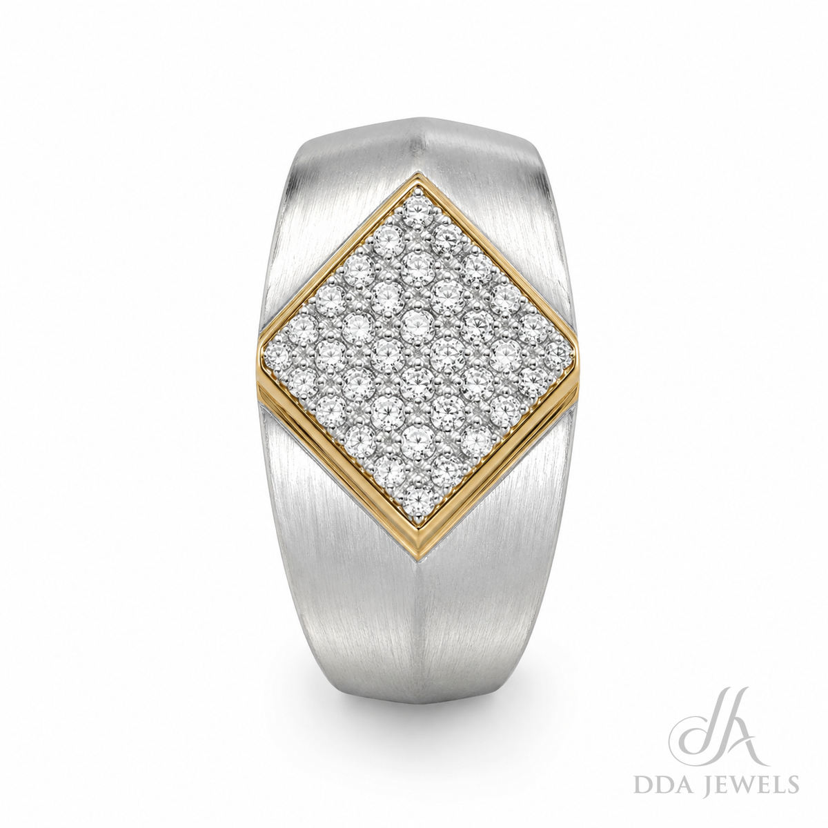 Men’s two-tone gold diamond ring with a rhombus-shaped pavé face