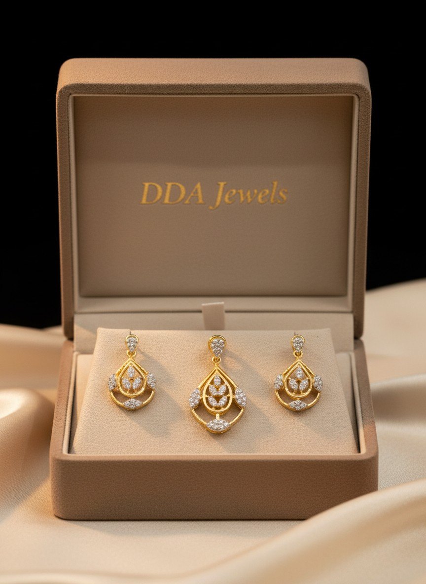 Layered teardrop diamond pendant set with matching earrings