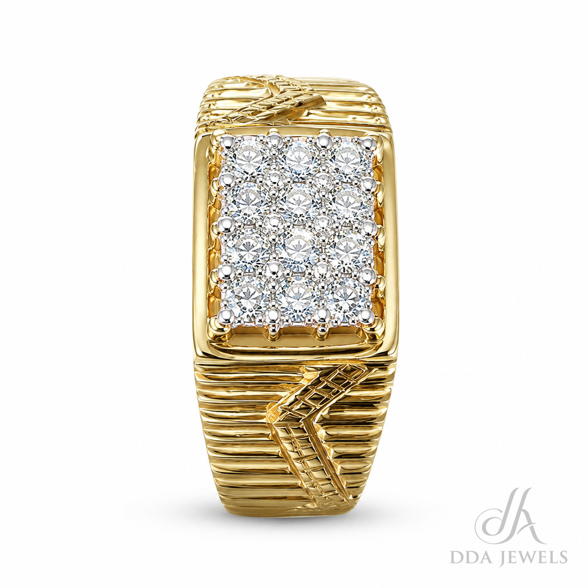 Men’s gold signet ring with chevron ribs and a rectangular pavé centre