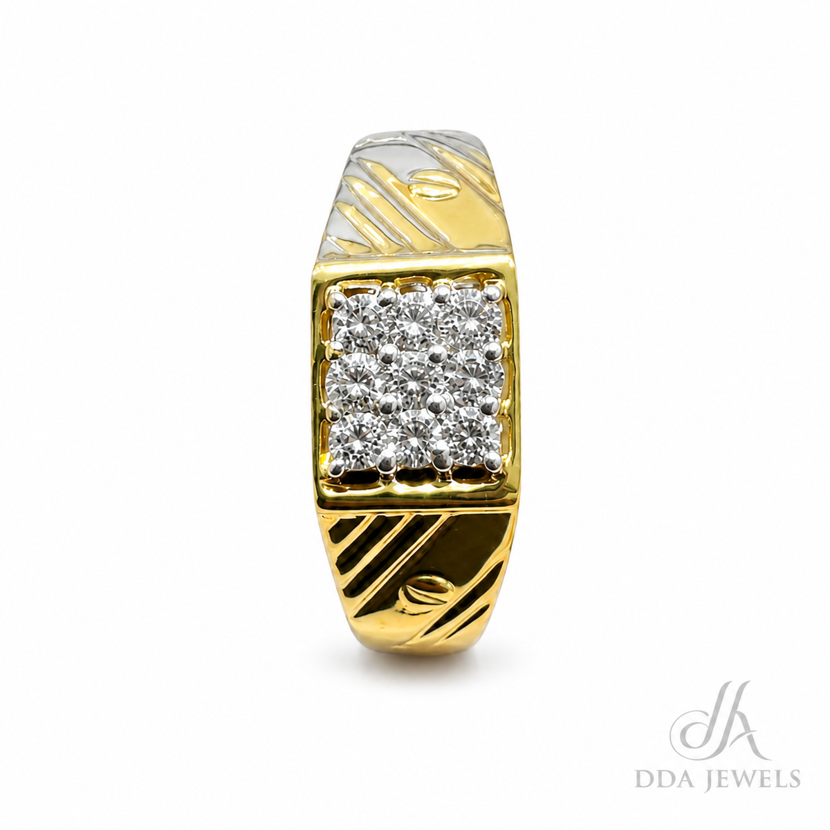 Men’s gold diamond ring with an engraved band and square pavé face
