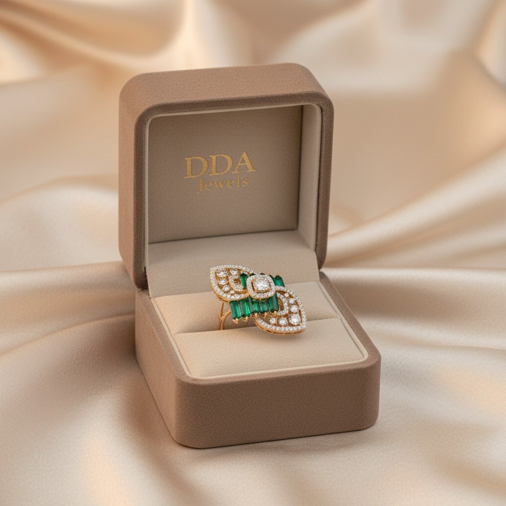 Emerald baguette bow diamond ring with white stone ribbons