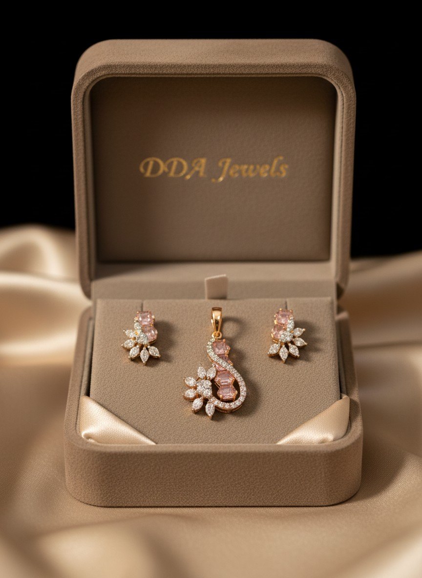 Rose crescent diamond pendant set with matching earrings