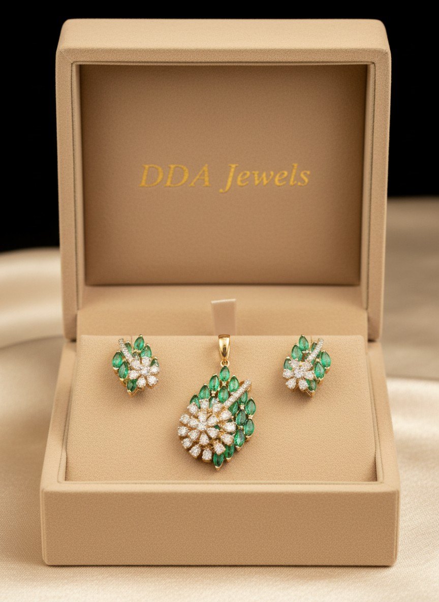 Emerald leaf diamond pendant set with matching earrings
