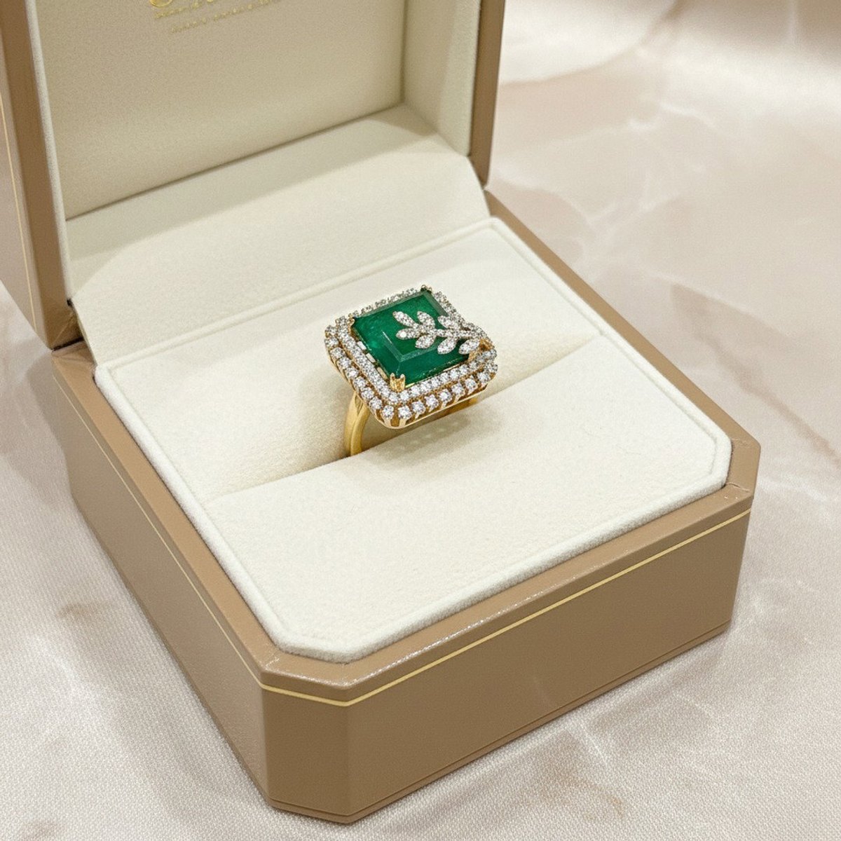 Emerald-tone square halo diamond ring
