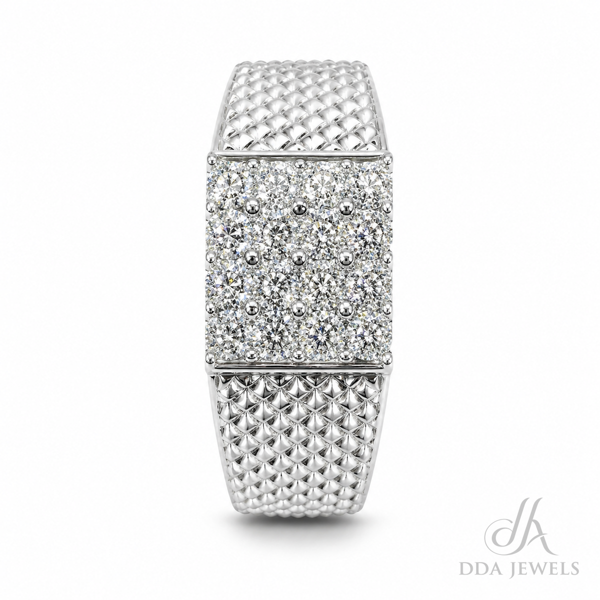 Men’s textured white-gold ring with a diamond pavé centre accent