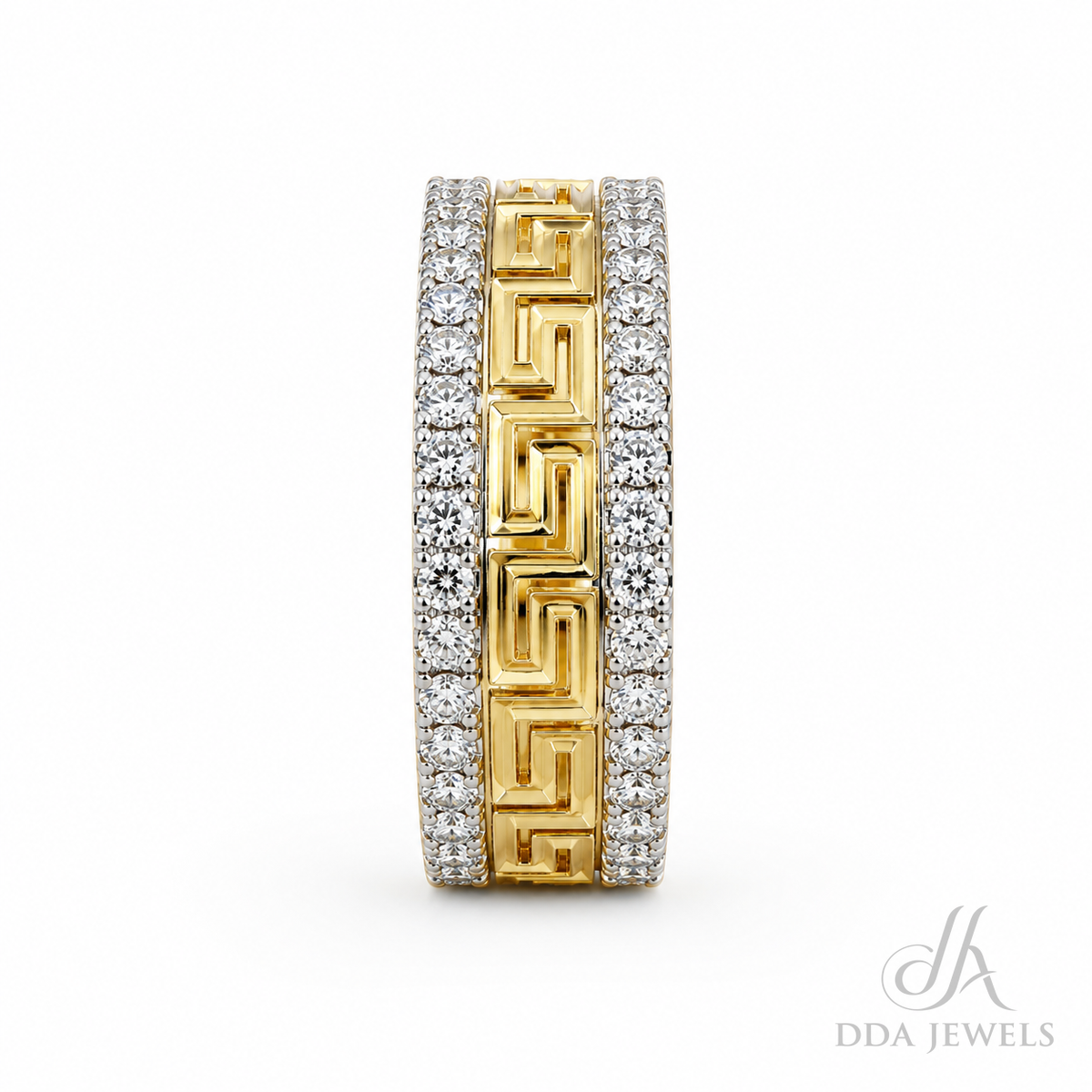 Men’s gold diamond band with a Greek key motif and diamond-set centre