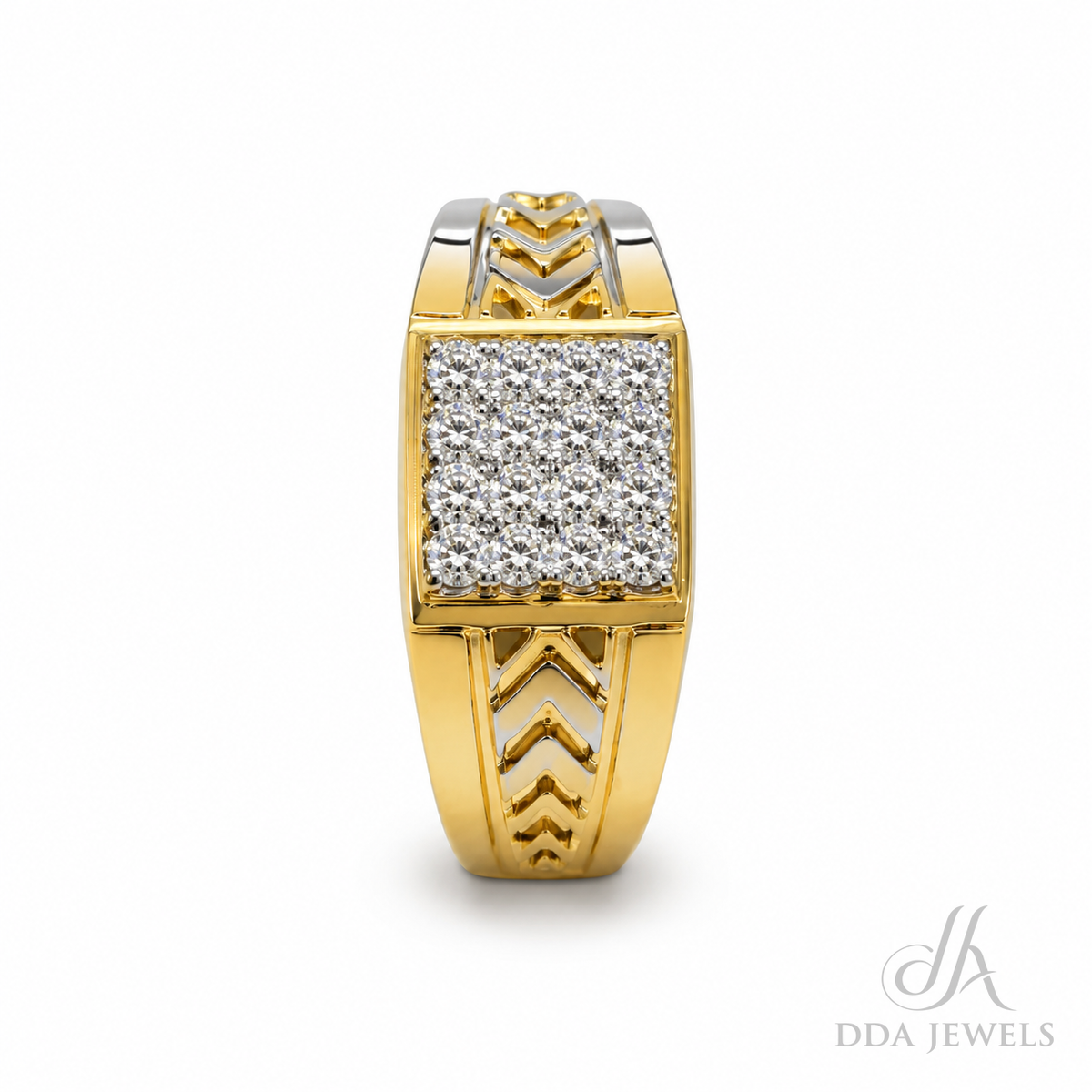 Men’s gold diamond ring with chevron shoulders and a pavé centre panel