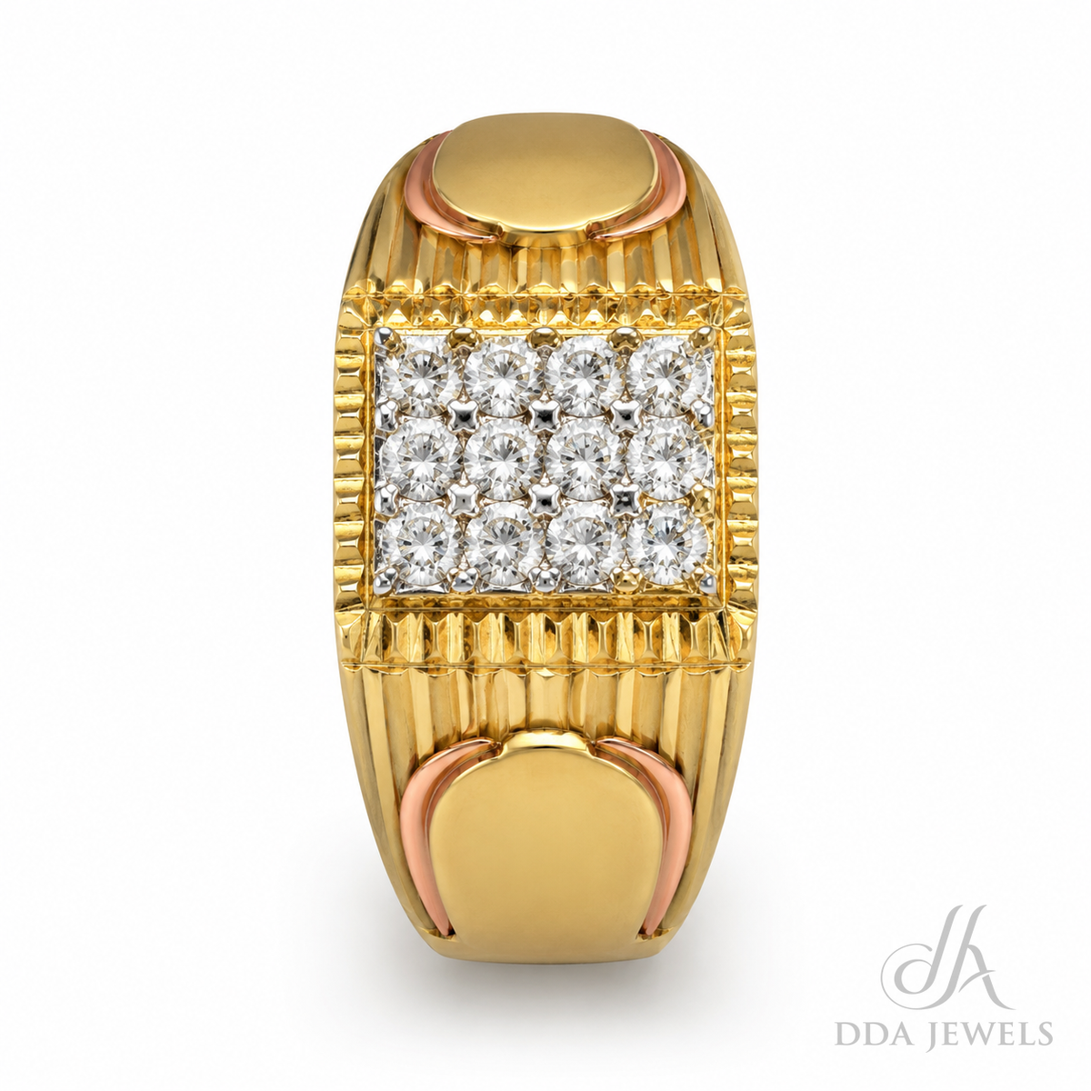 Men’s gold diamond ring with rose-tone accents and a rectangular pavé panel