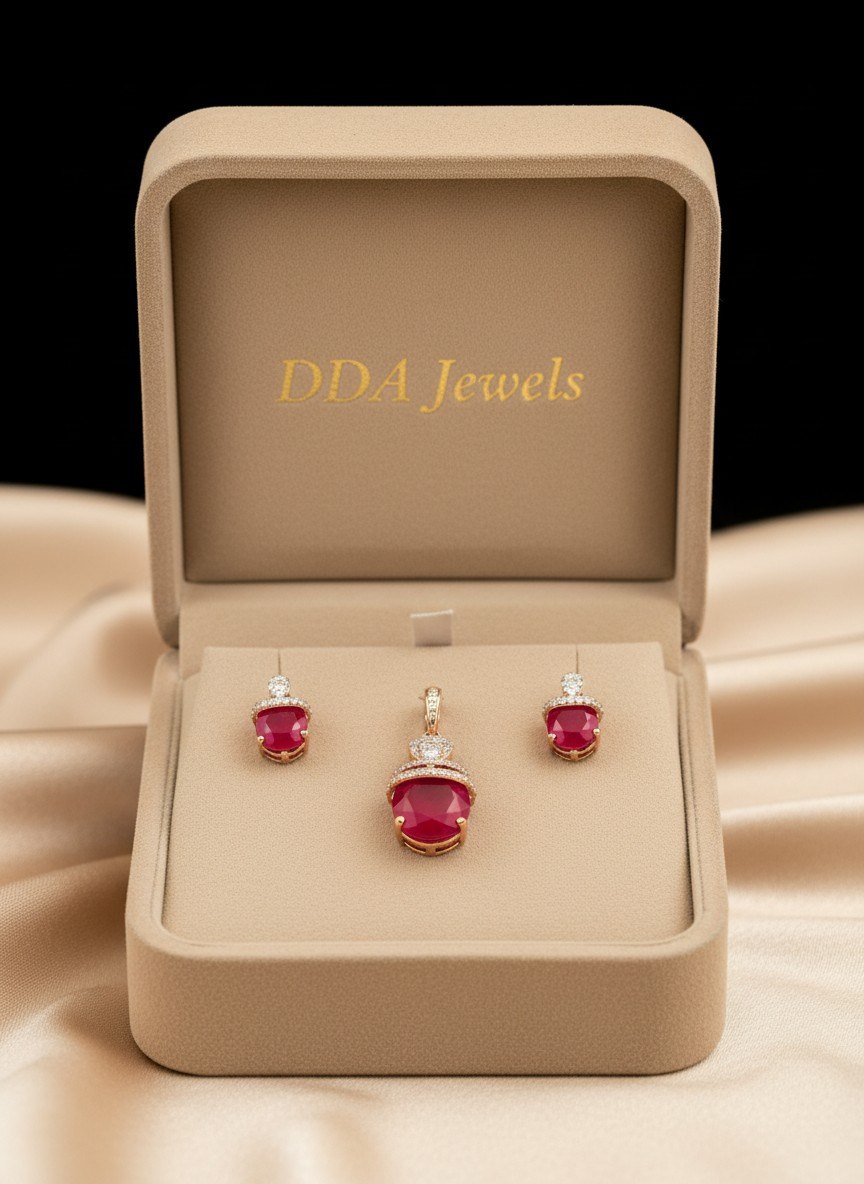 Ruby solitaire diamond pendant set with matching studs