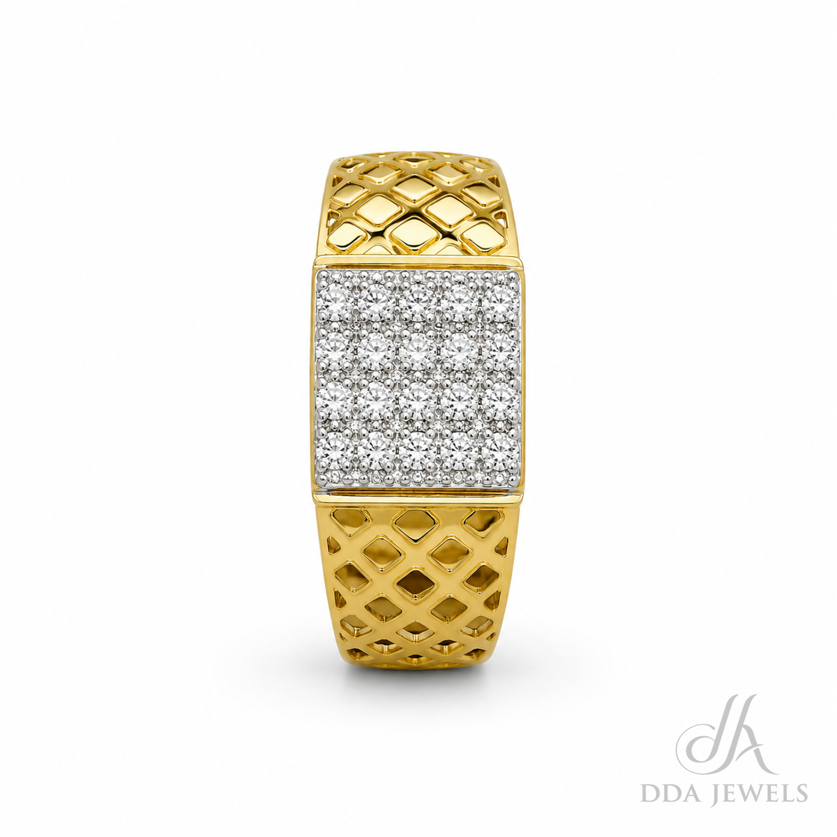 Men’s gold diamond ring with a rectangular lattice pavé panel