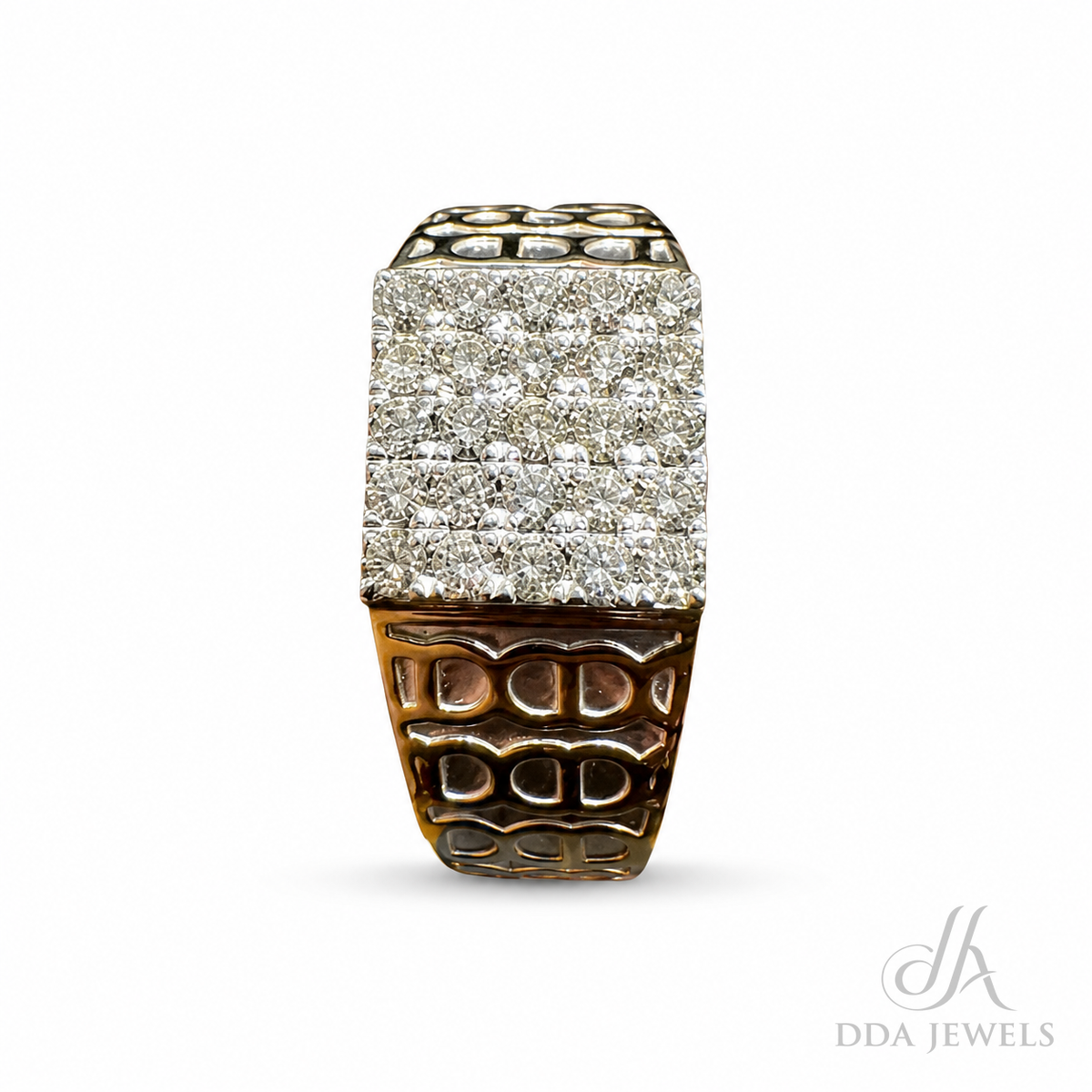 Men’s gold signet ring with rose-tone geometric lines and diamond pavé
