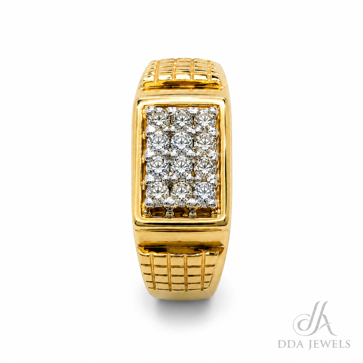Men’s gold diamond ring with grid-textured shoulders and a pavé centre