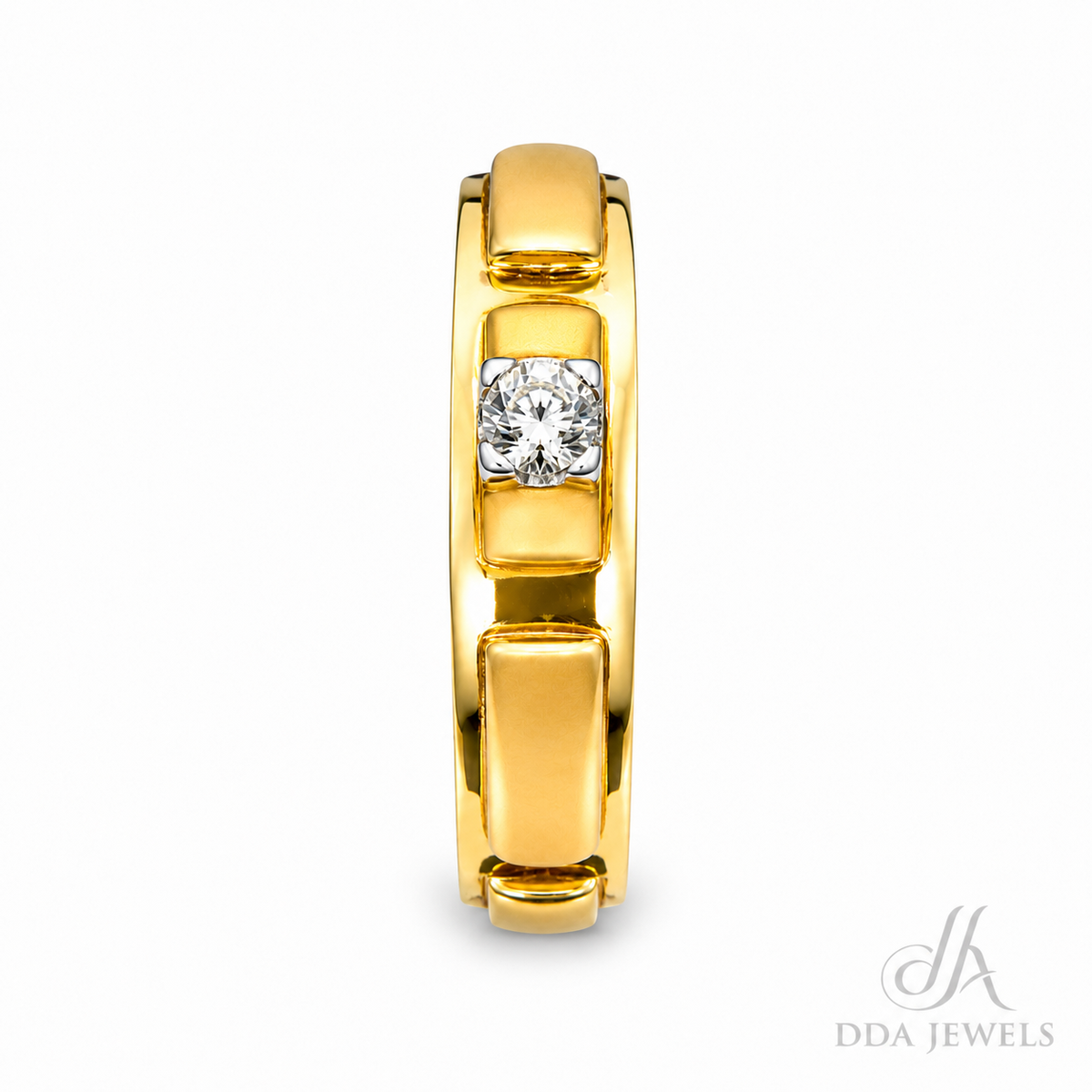 Men’s polished gold ring with a single diamond set in a linear centre bar
