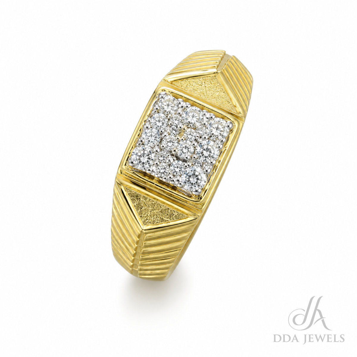Men’s gold diamond ring with ribbed shoulders and a framed square pavé face