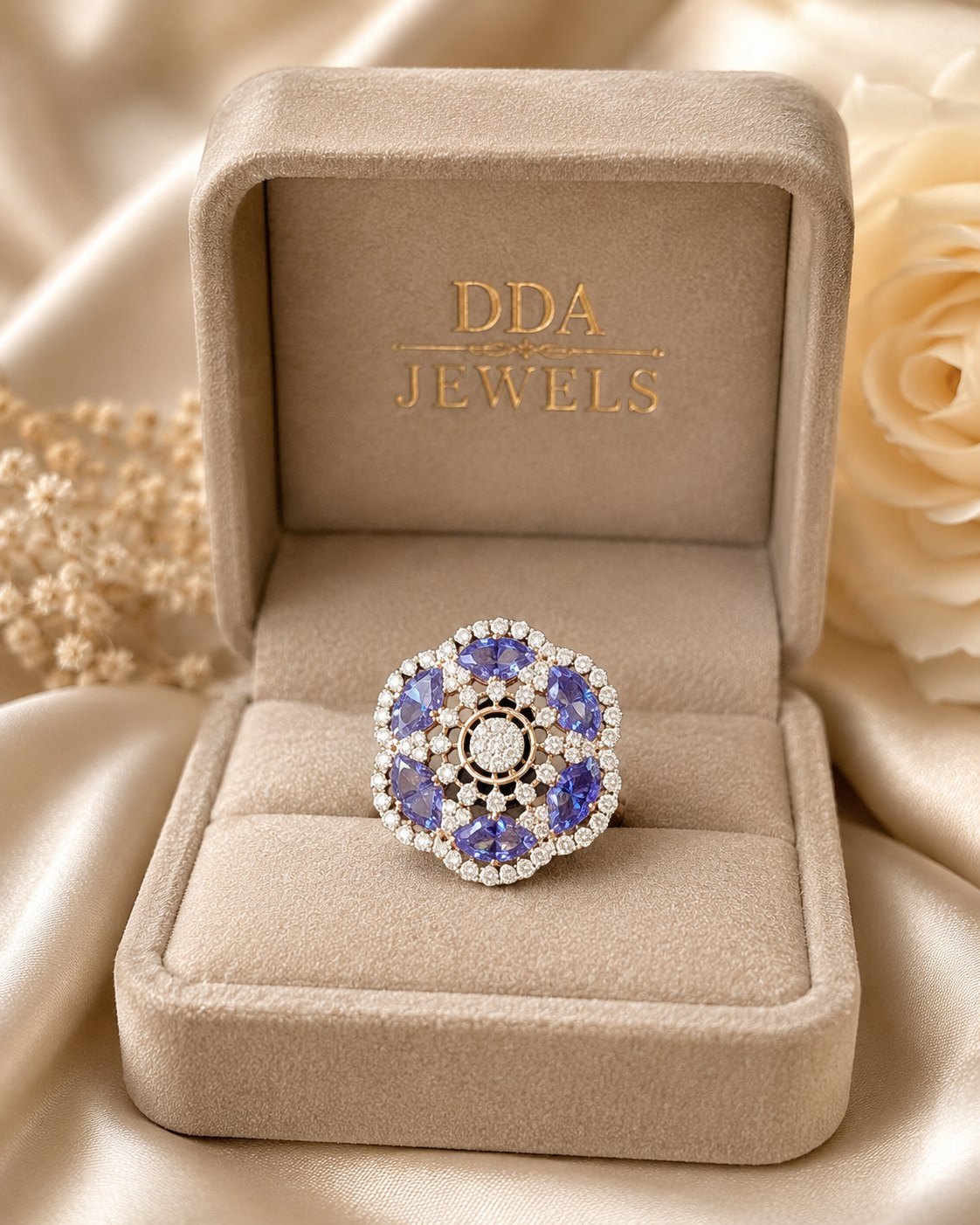 Blue oval halo diamond ring