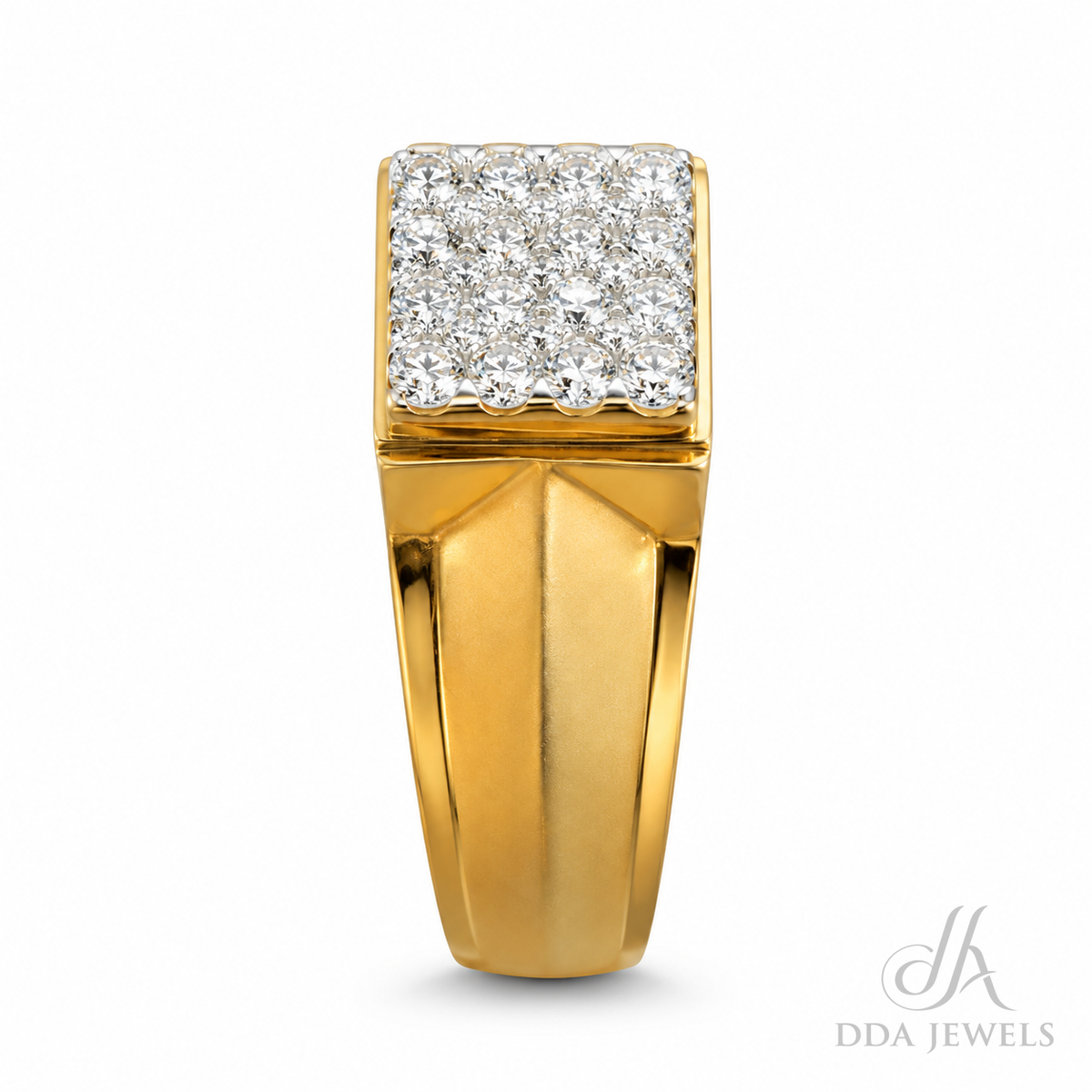 Men’s gold diamond ring with tapered shoulders and a square pavé panel