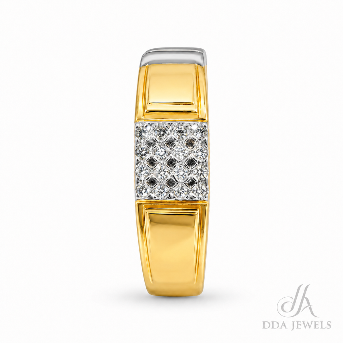 Men’s broad gold ring with a brushed panel and compact diamond pavé accent