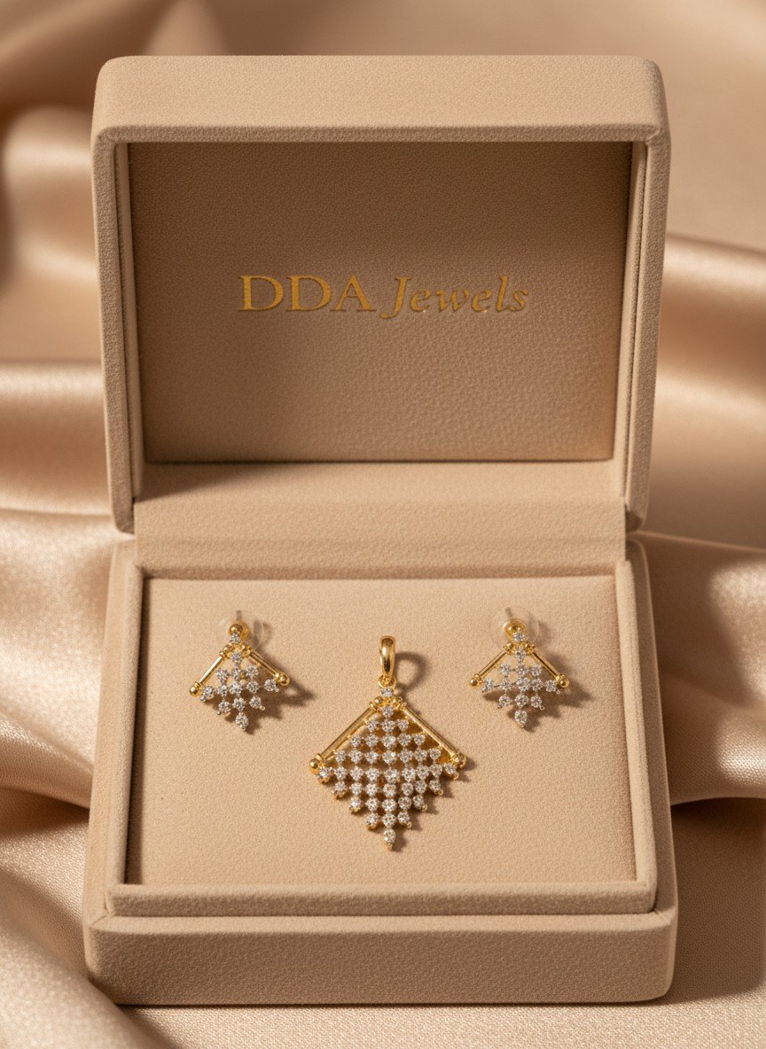 Triangle lattice diamond pendant set with matching earrings