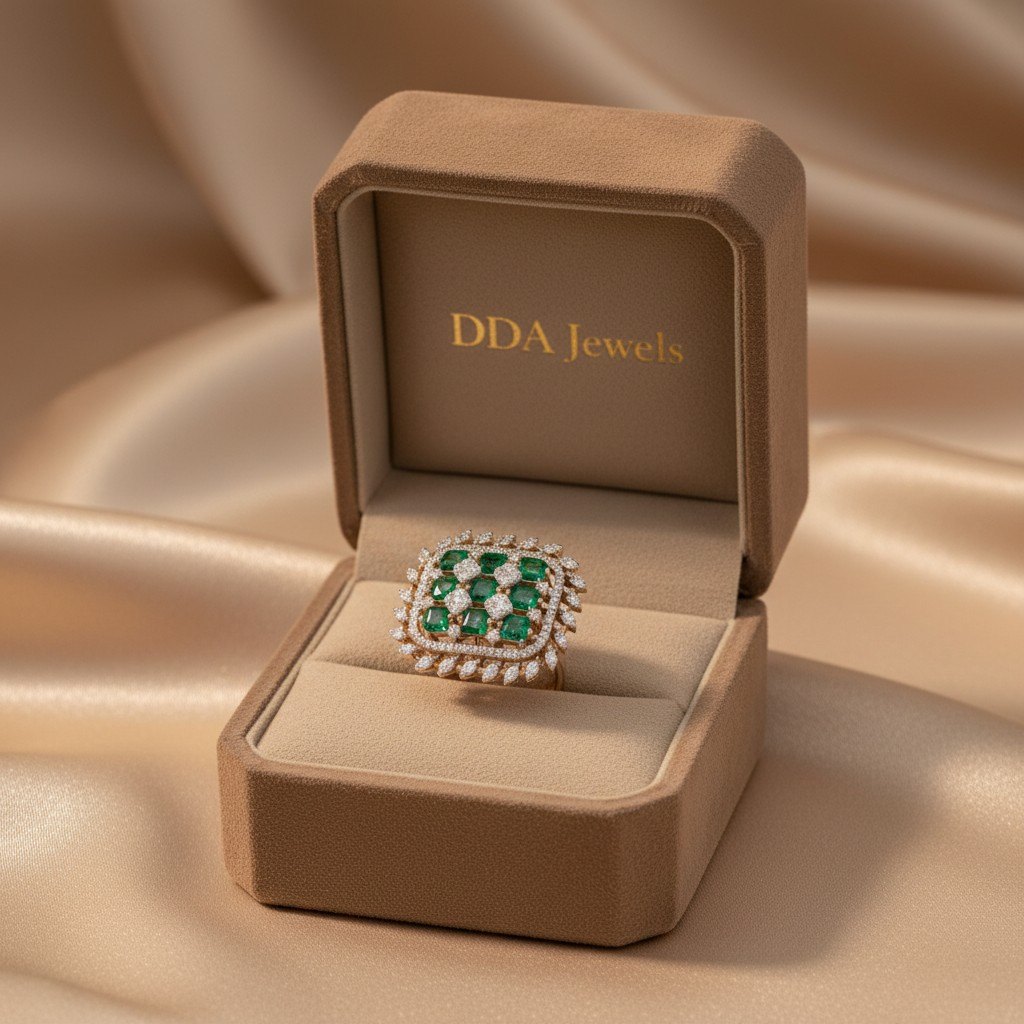 Emerald cushion cluster diamond ring with square face