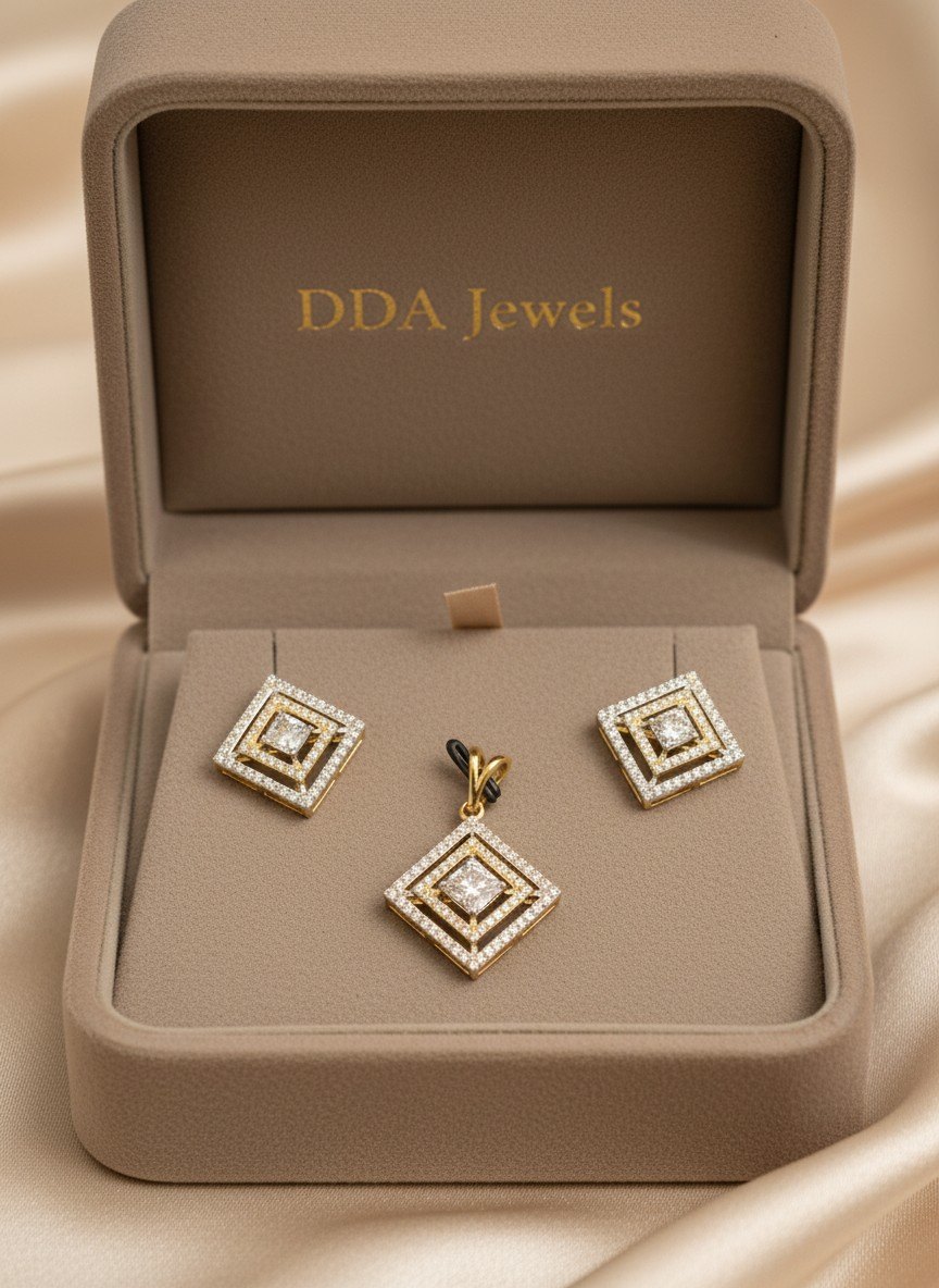 Square geometric diamond pendant set with matching earrings