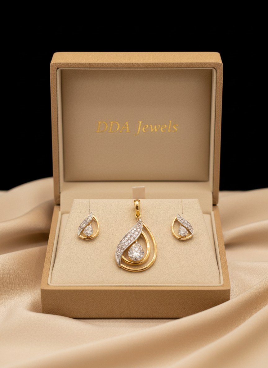 Pear solitaire diamond pendant set with matching earrings