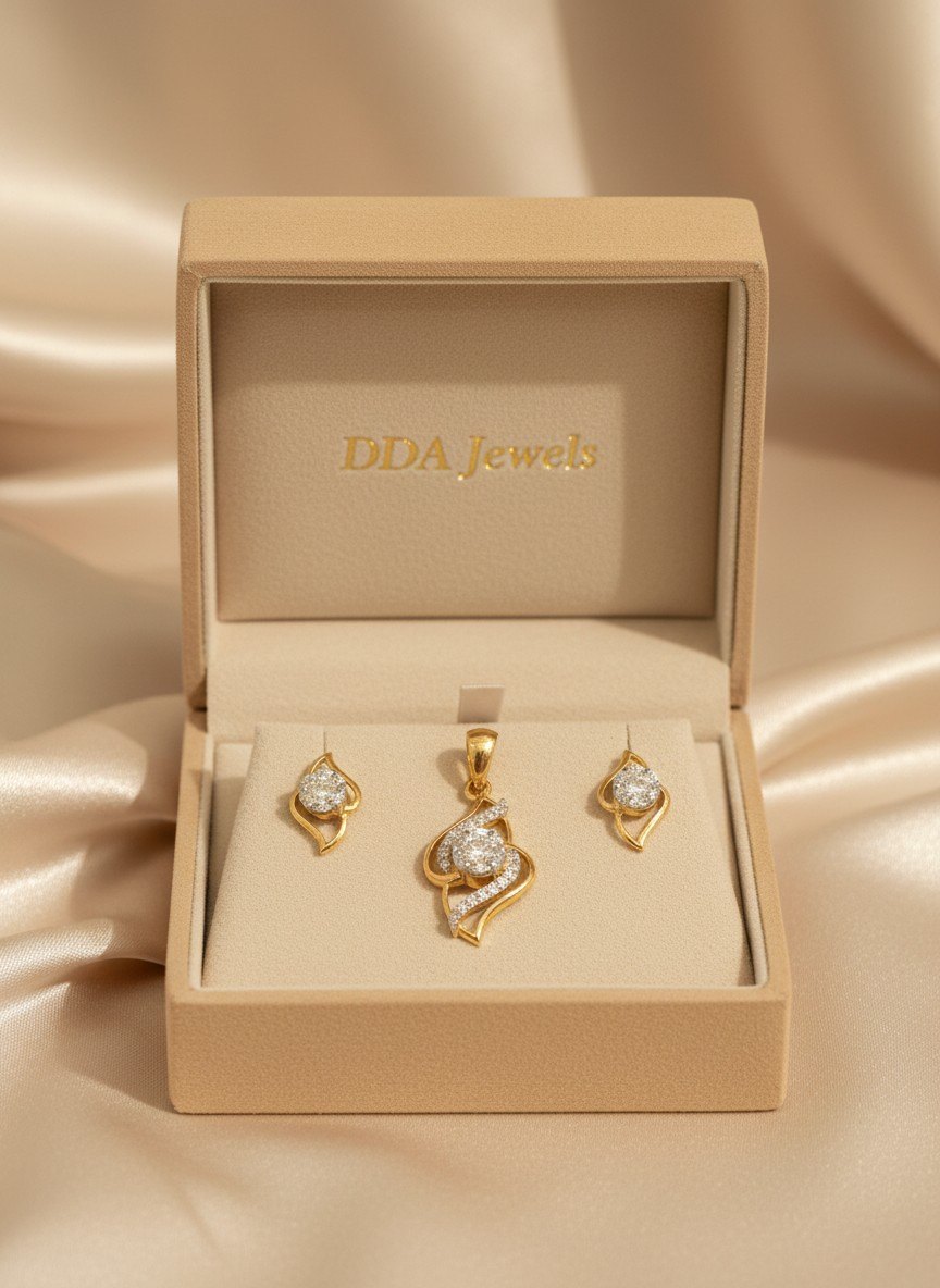 Wave drop diamond pendant set with matching earrings