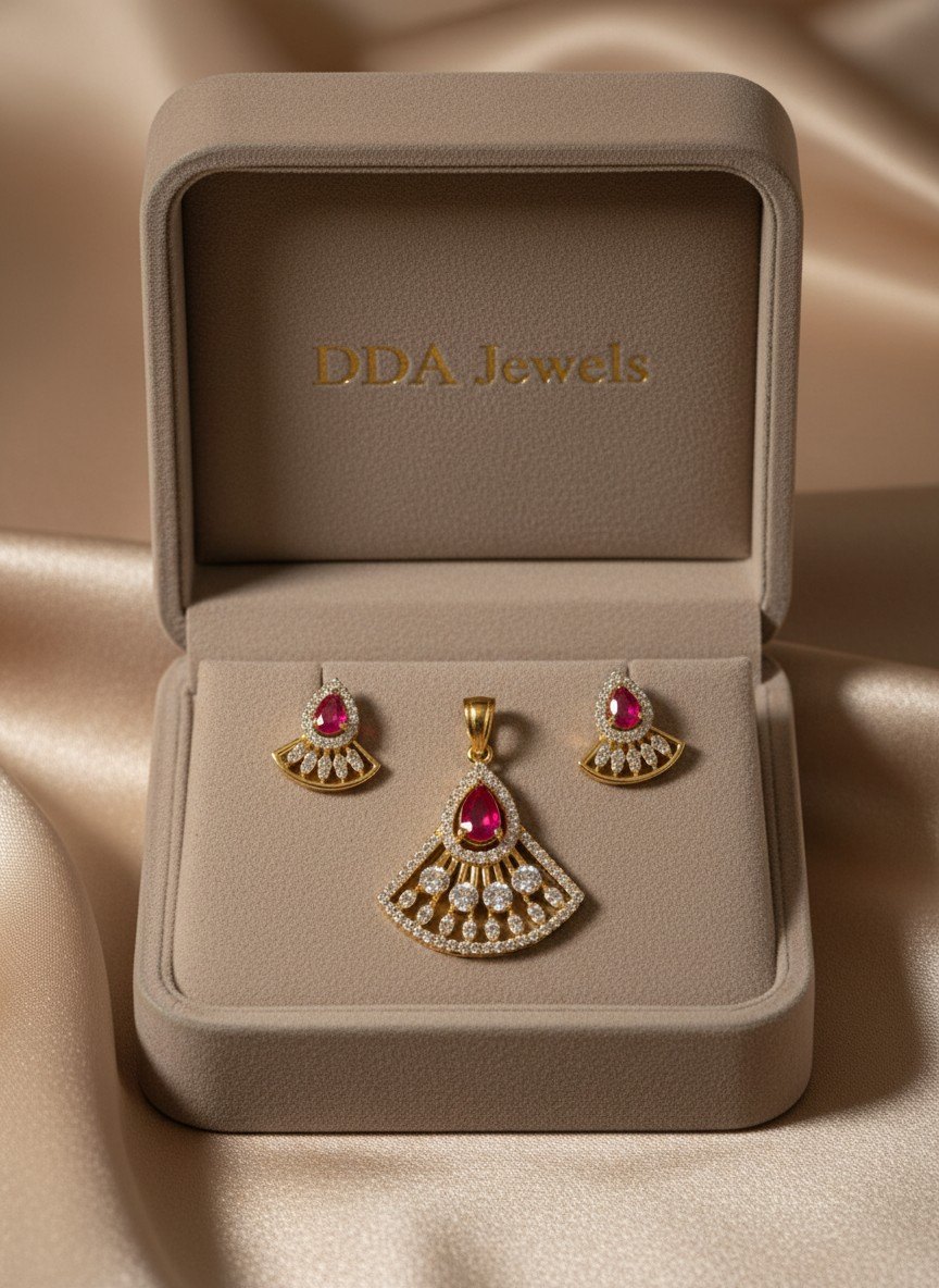 Ruby fan diamond pendant set with matching earrings at DDA Jewels