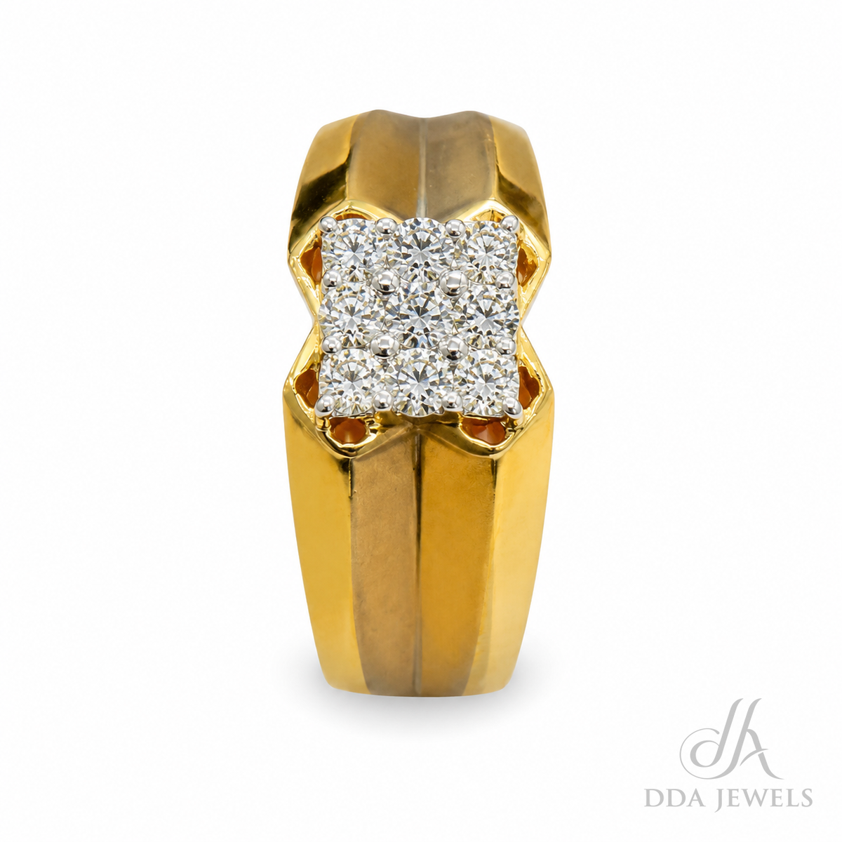 Men’s gold diamond ring with a square pavé centre and four polished corners