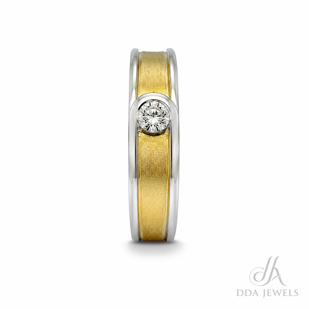 Men’s brushed two-tone gold band with polished borders and a single diamond