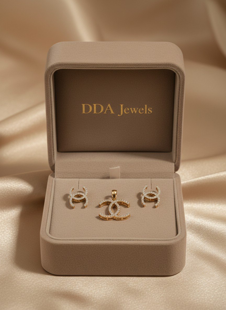 Interlocking curve diamond pendant set with matching earrings