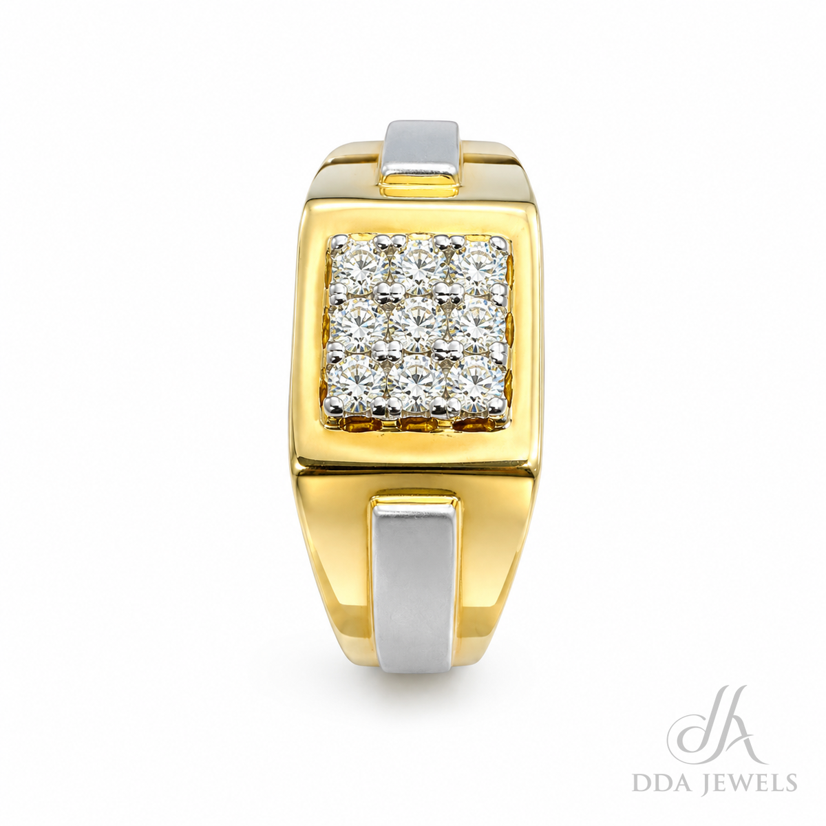 Men’s two-tone gold diamond ring with a rectangular pavé face