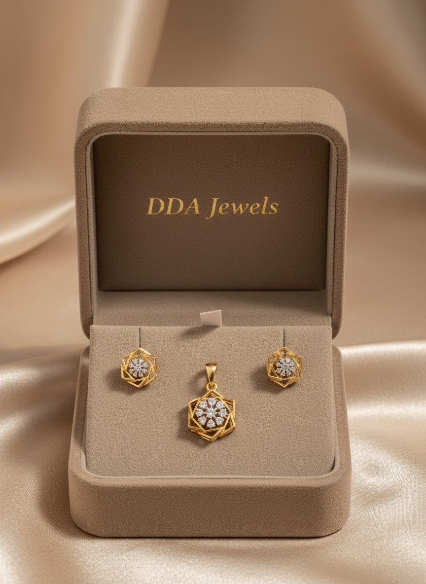 Round floral diamond pendant set with matching earrings