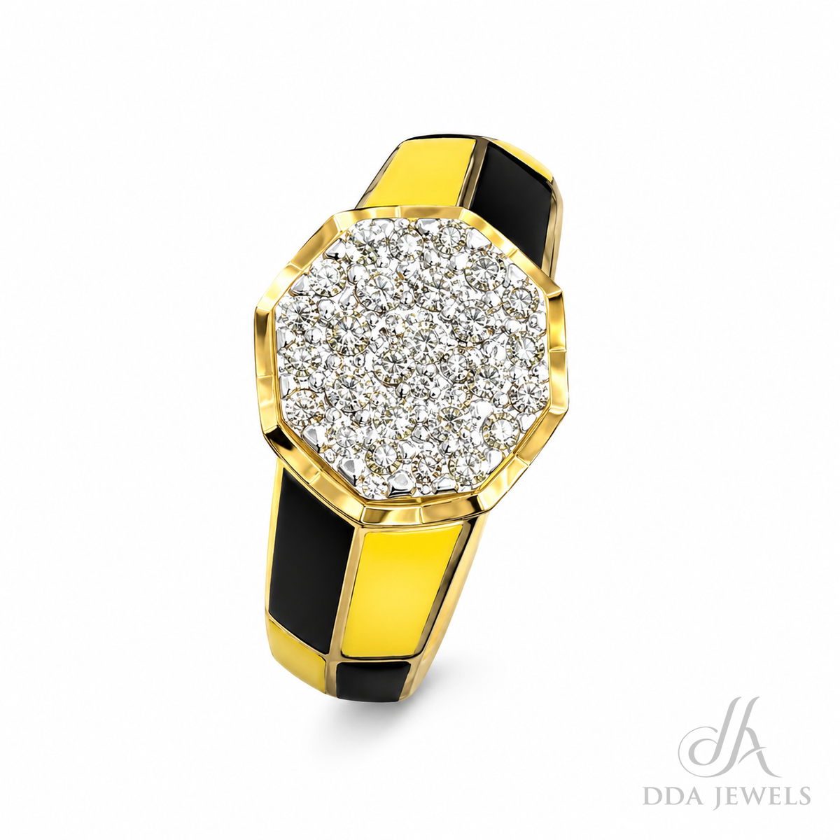 Men’s gold diamond ring with an octagonal pavé face and black enamel border