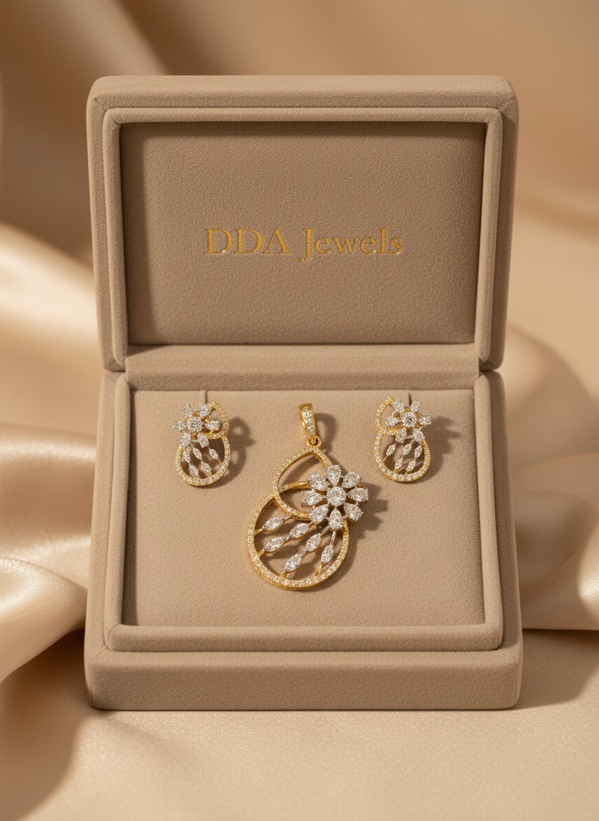 Floral swirl diamond pendant set with matching earrings