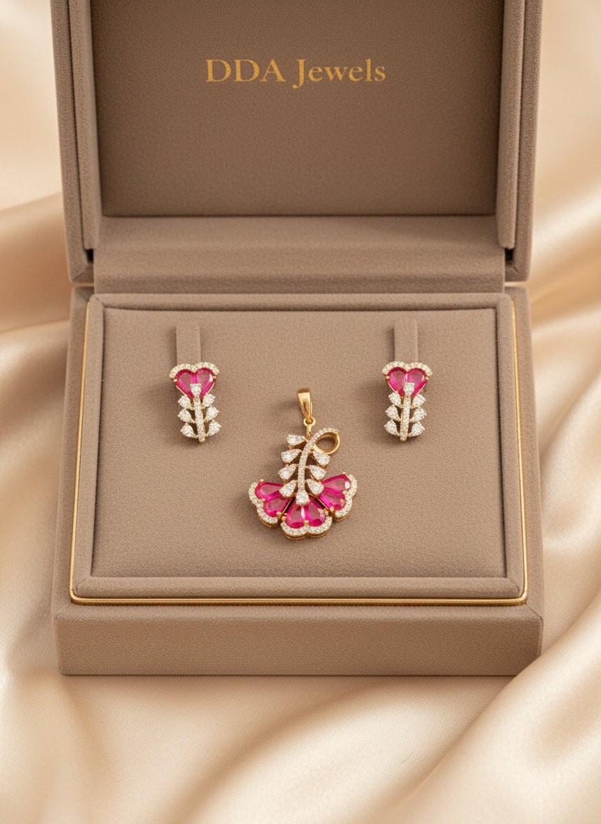 Pink floral diamond pendant set with matching earrings