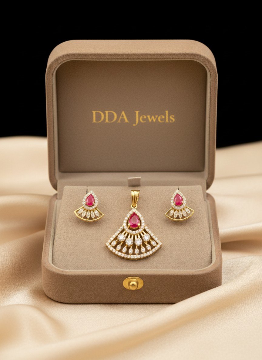 Ruby teardrop fan diamond pendant set with earrings
