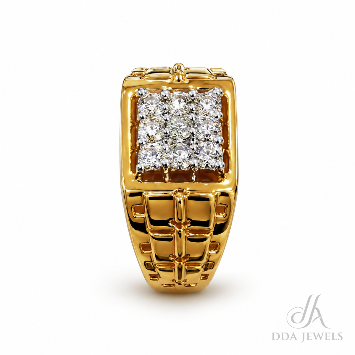 Men’s gold diamond ring with a basket-link frame and square pavé face