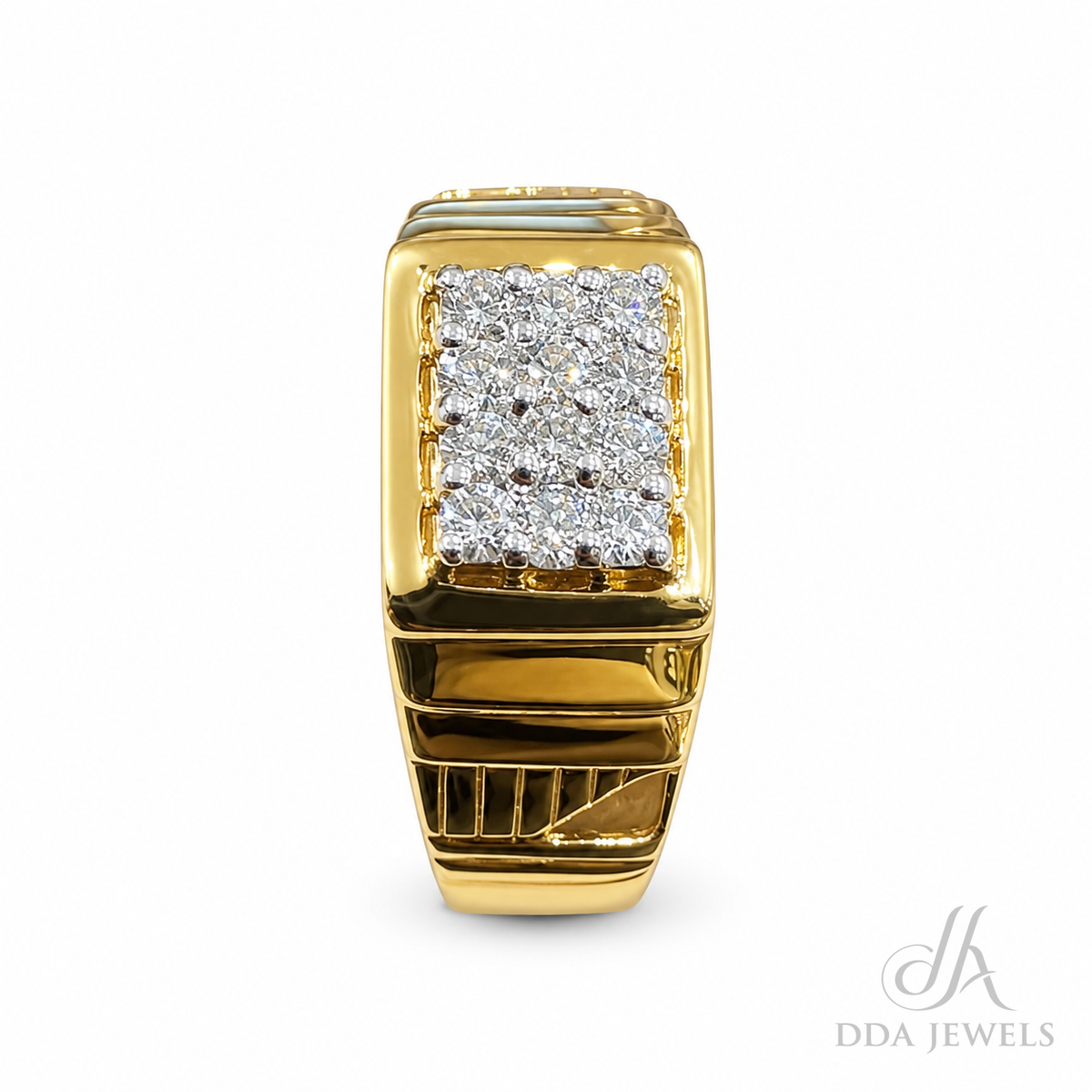 Men’s gold diamond ring with a rectangular pavé panel and black enamel accents