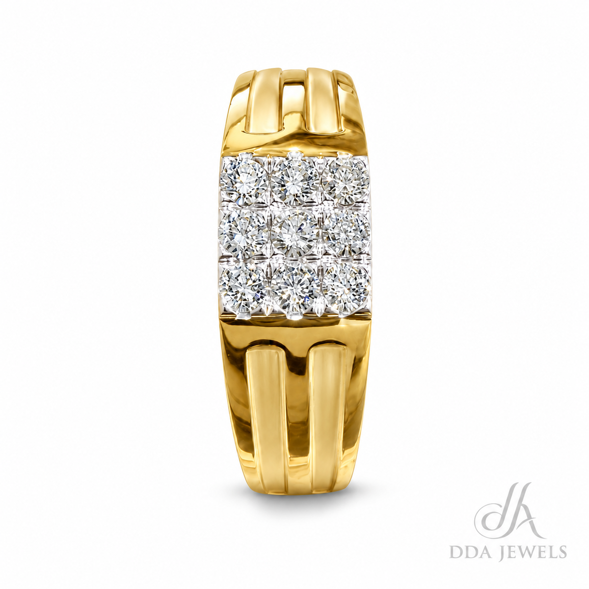 Men’s gold diamond ring with fluted shoulders and a rectangular pavé panel