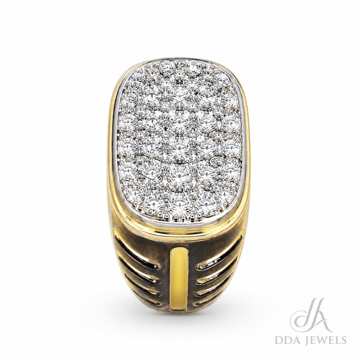 Men’s rounded gold signet ring with a full diamond pavé face