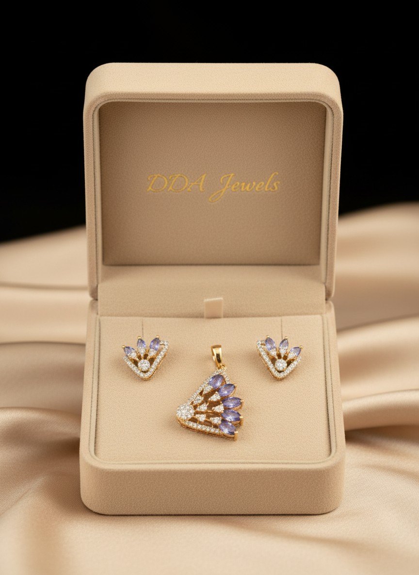 Lilac fan diamond pendant set with matching earrings