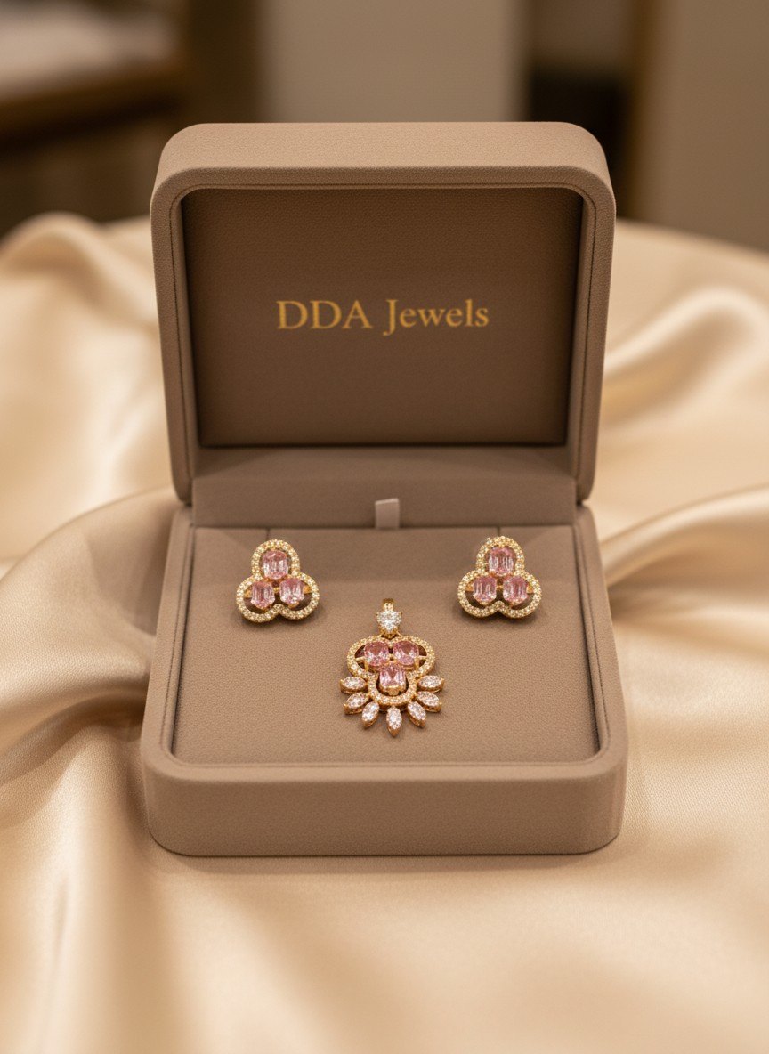 Pink sunburst diamond pendant set in DDA Jewels box