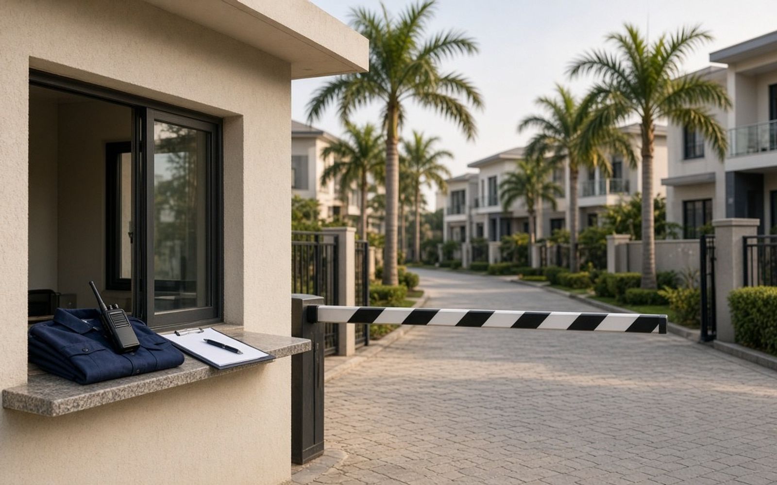 Empty gatehouse with a folded guard uniform, radio and clipboard beside a raised boom barrier at a palm-lined gated estate in Lagos