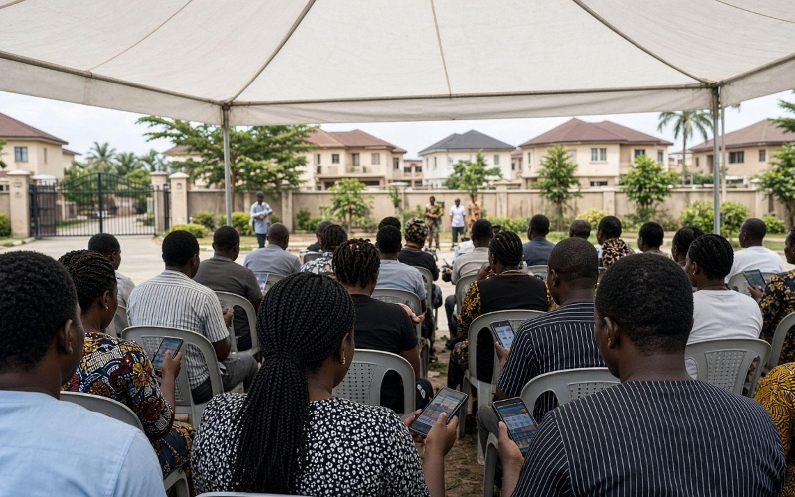 Estate residents voting on their phones during a community meeting