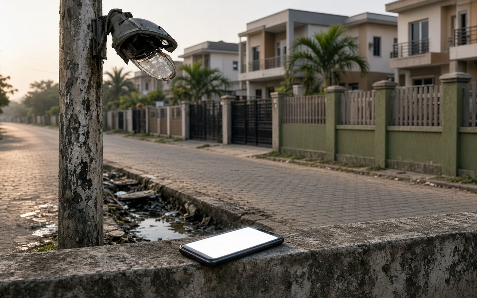 Quiet gated estate street in Lagos at dawn with a broken streetlight, a blocked roadside drain and a smartphone resting on a fence wall