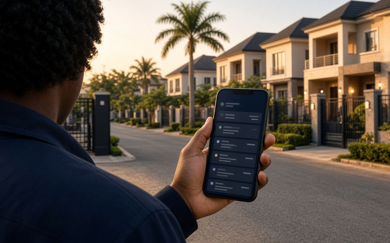 Estate treasurer reviewing levy payments on a phone in a gated estate