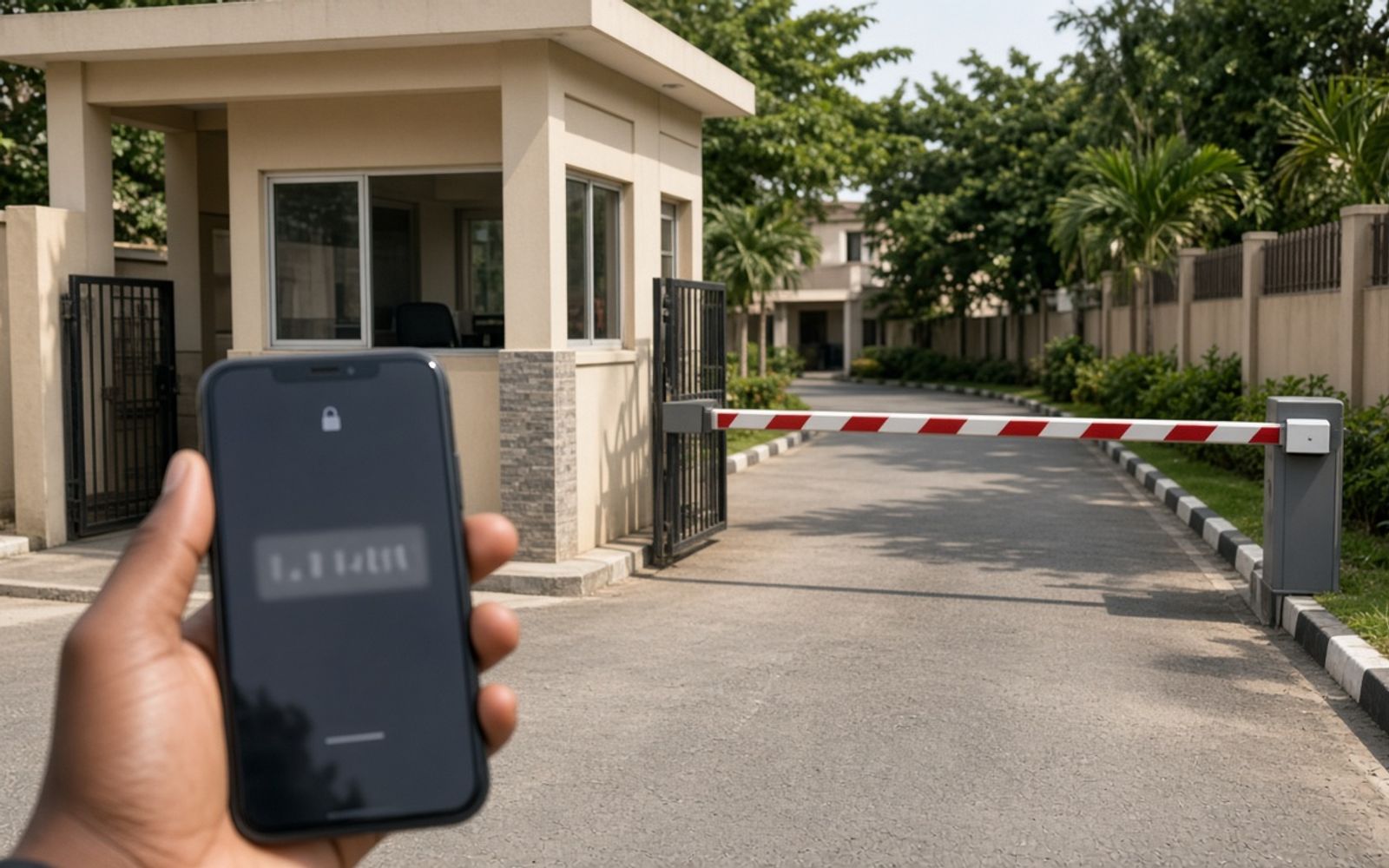 Estate gate with security post and boom barrier while a visitor shows an access code on a phone