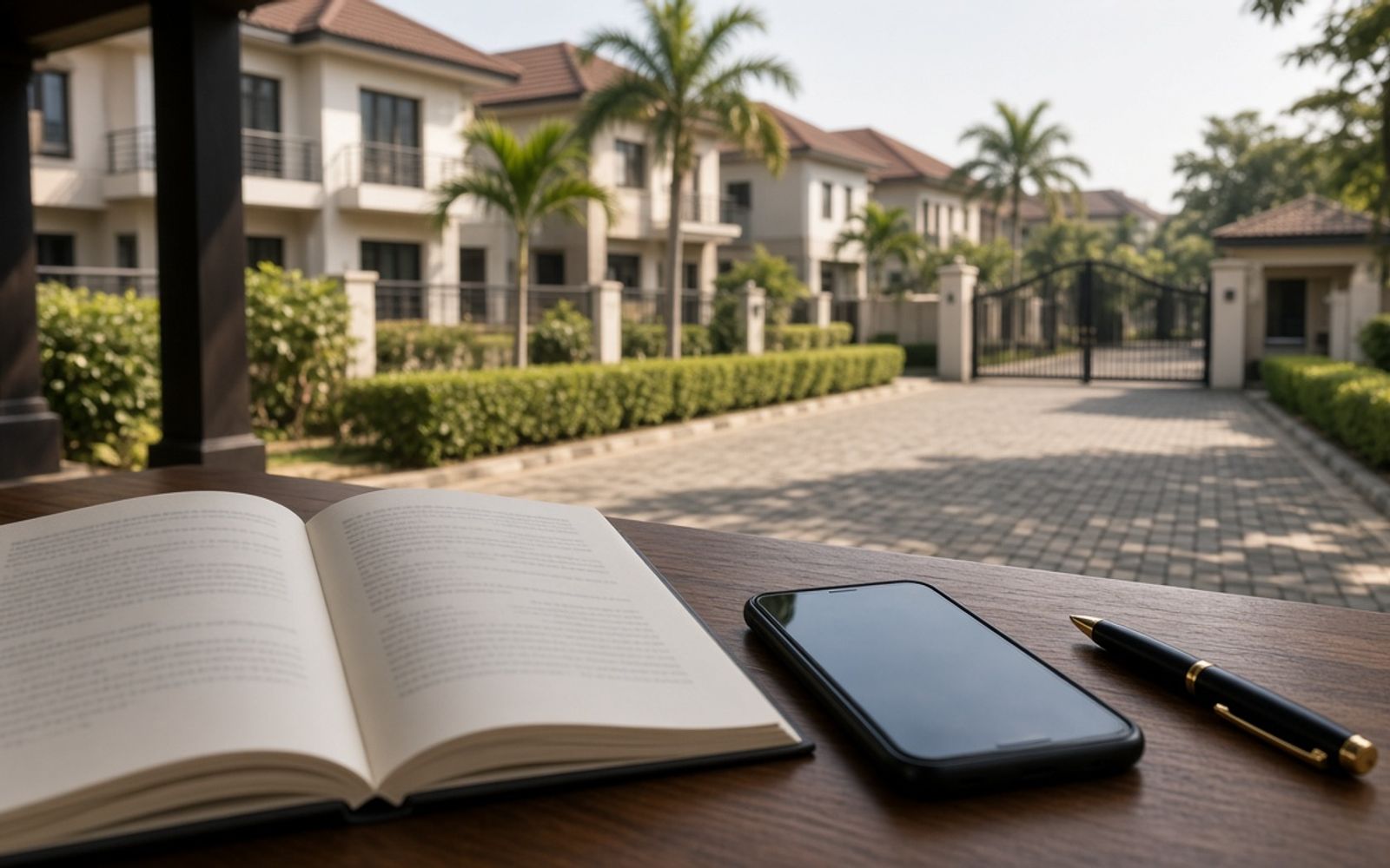 Open estate rules booklet and a phone on a clubhouse table overlooking a quiet gated estate street in Lagos